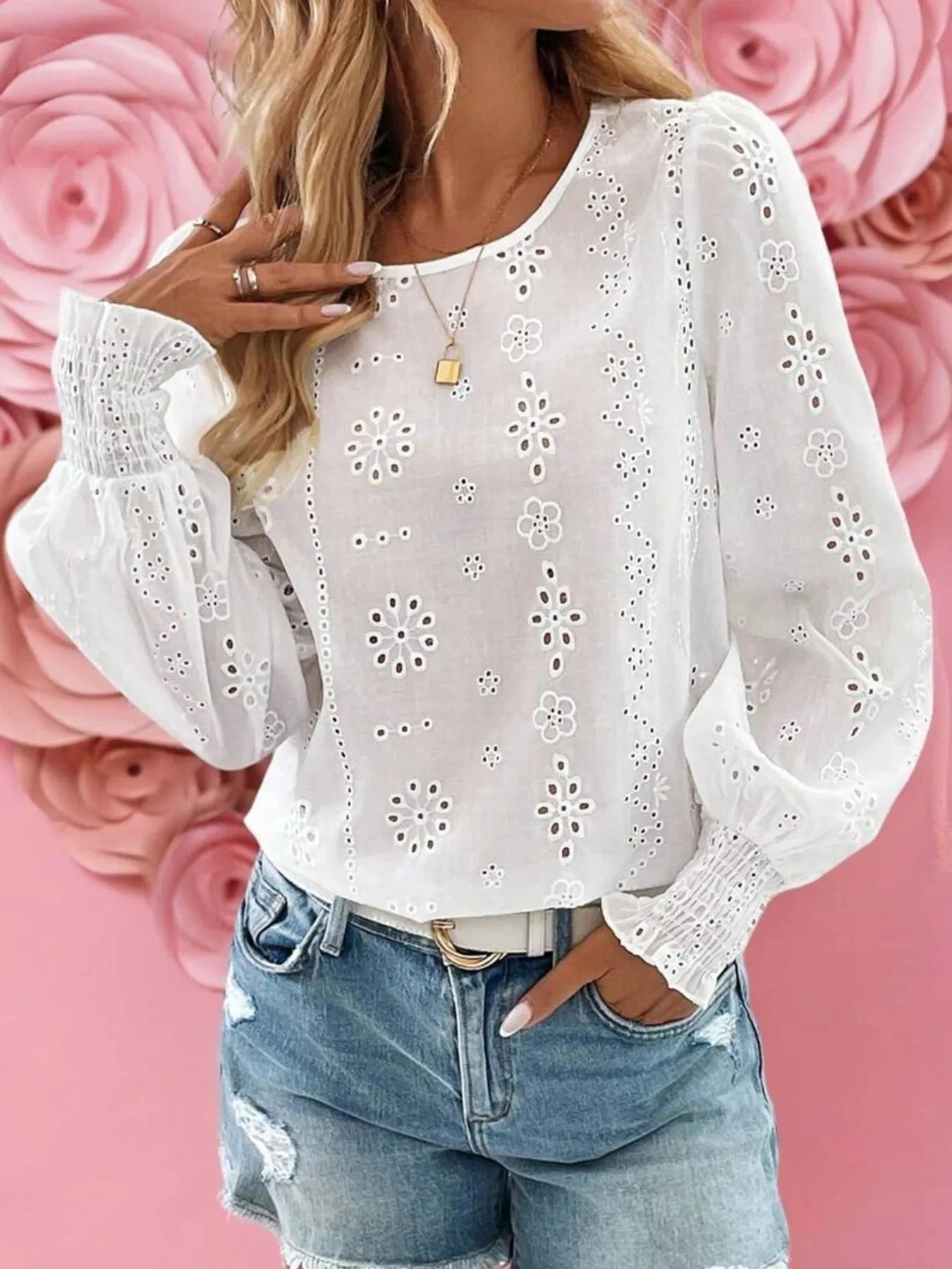 Eyelet Long Sleeve Blouse with Elastic Cuffs White / S