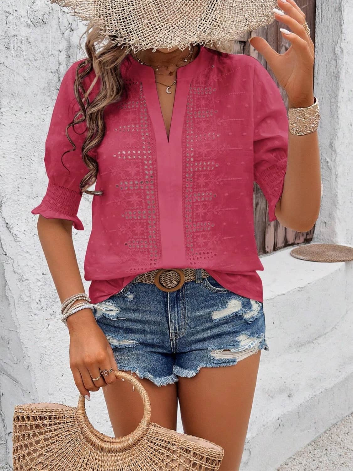 Eyelet Notched Flounce Sleeve Blouse