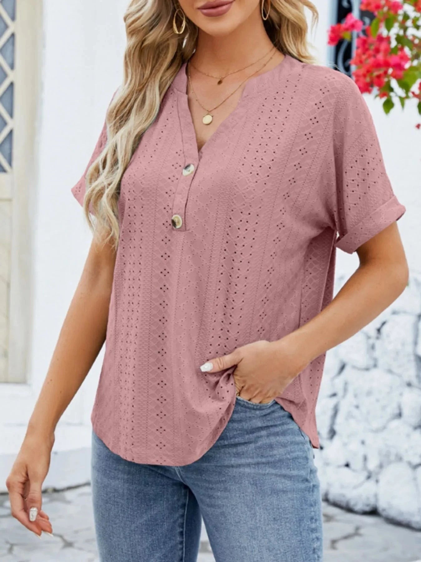 Eyelet Notched Short Sleeve Blouse