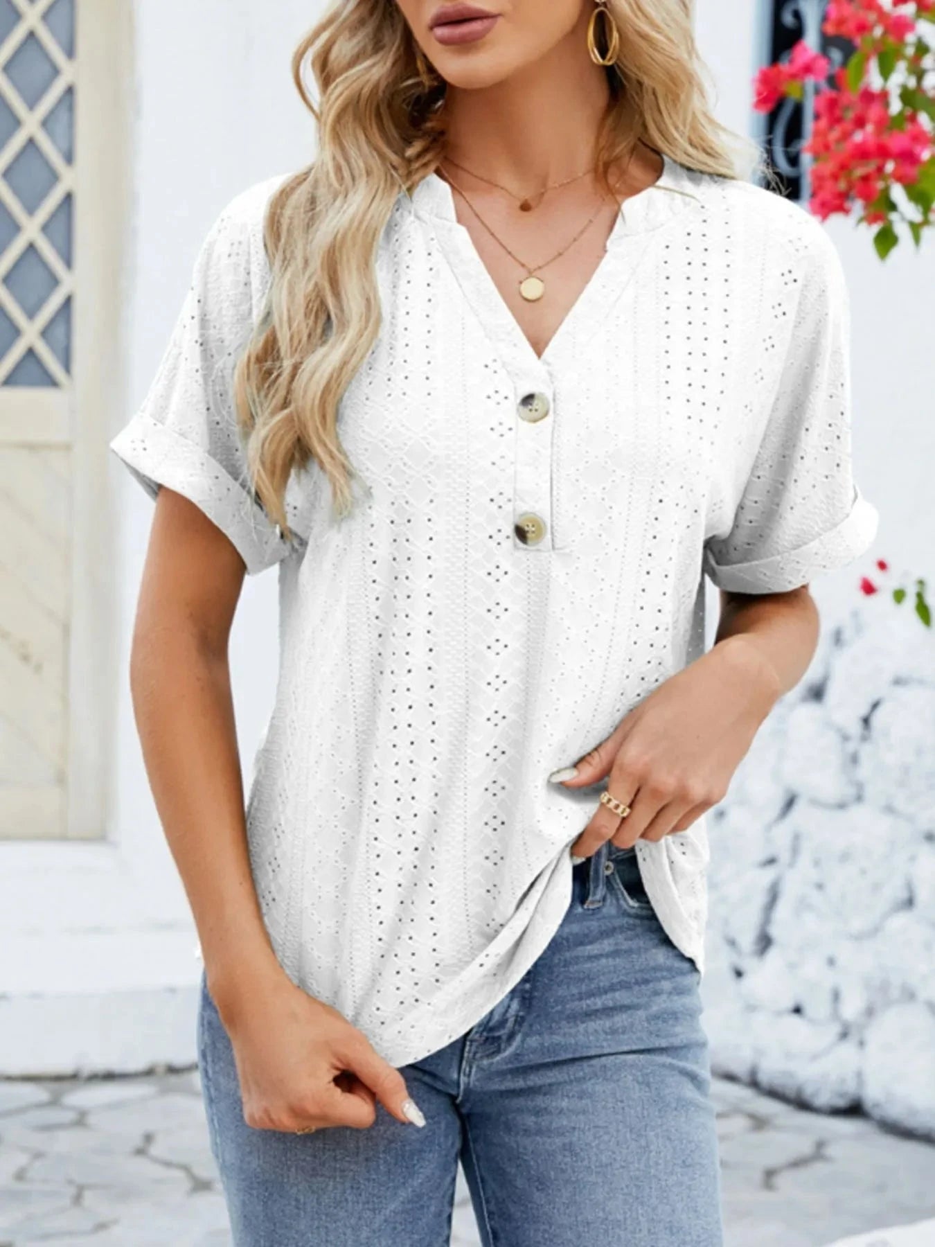 Eyelet Notched Short Sleeve Blouse