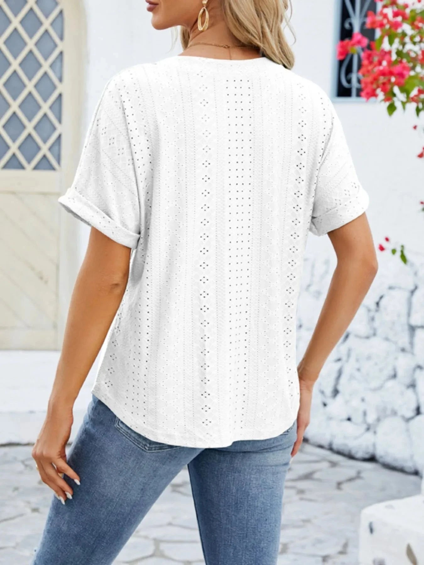 Eyelet Notched Short Sleeve Blouse