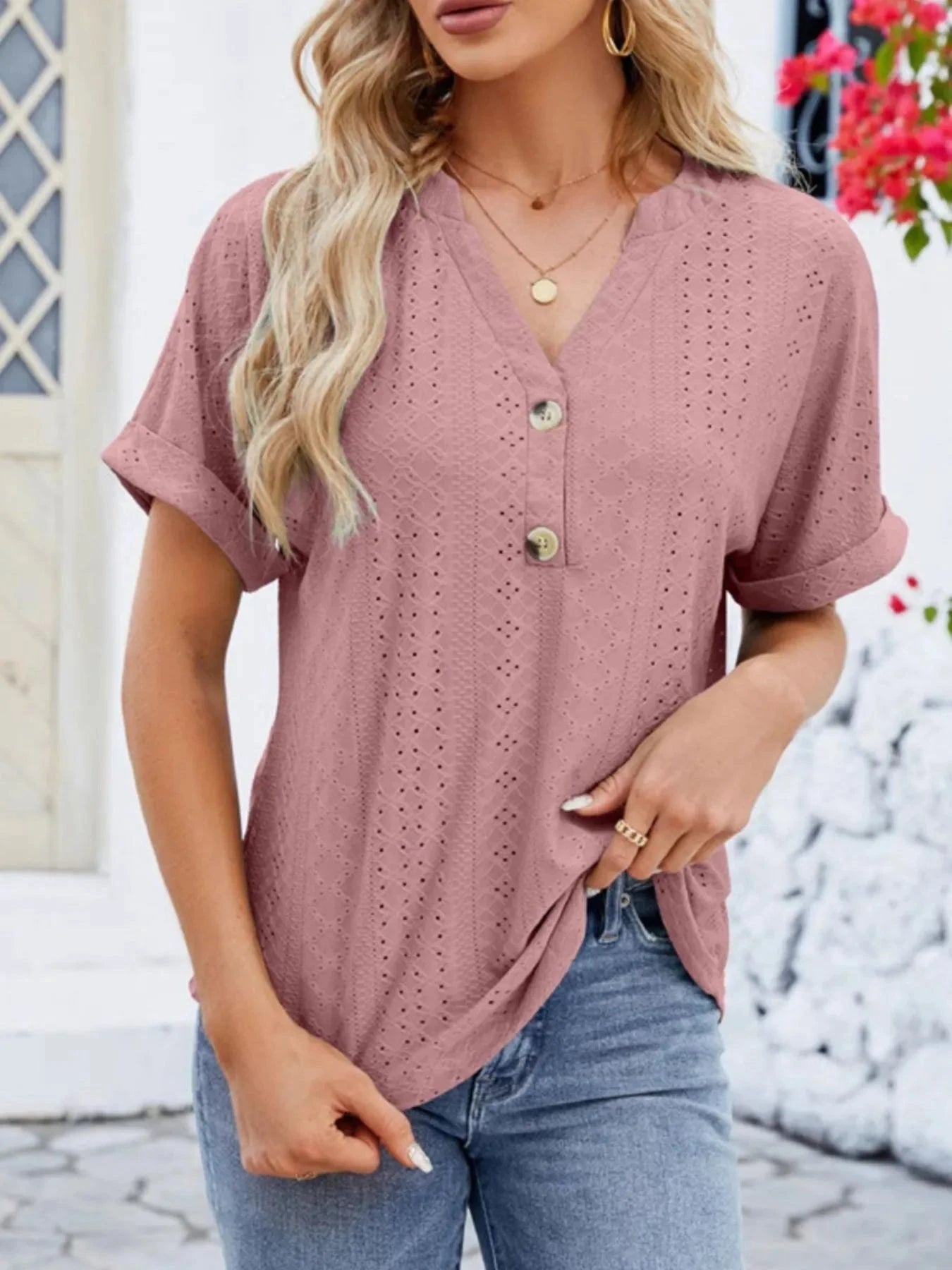 Eyelet Notched Short Sleeve Blouse Pink / S