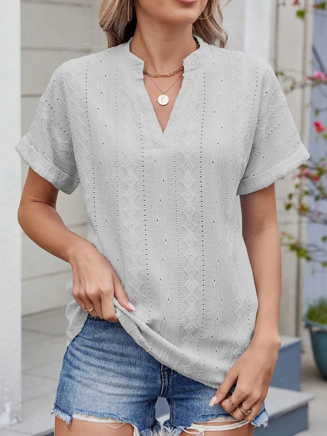Eyelet Notched Short Sleeve Top