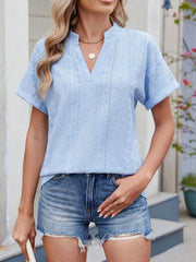Eyelet Notched Short Sleeve Top