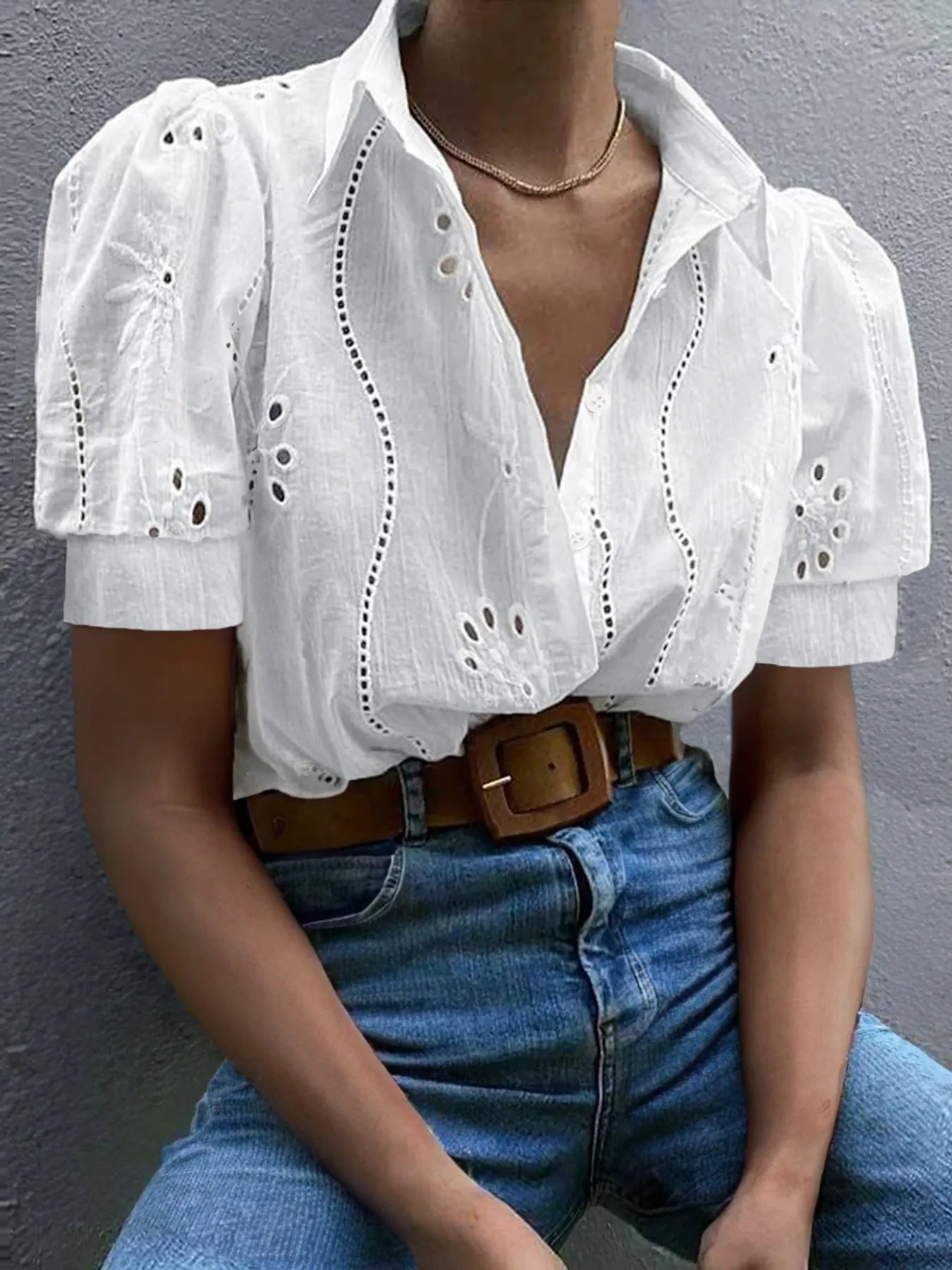 Eyelet Puff Sleeve Button-Up Shirt