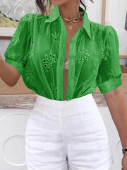 Eyelet Puff Sleeve Button-Up Shirt