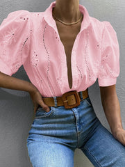 Eyelet Puff Sleeve Button-Up Shirt Pink / S