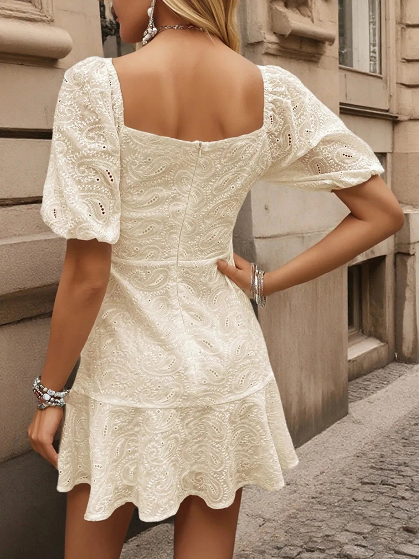 Eyelet Puff Sleeve Mini Dress