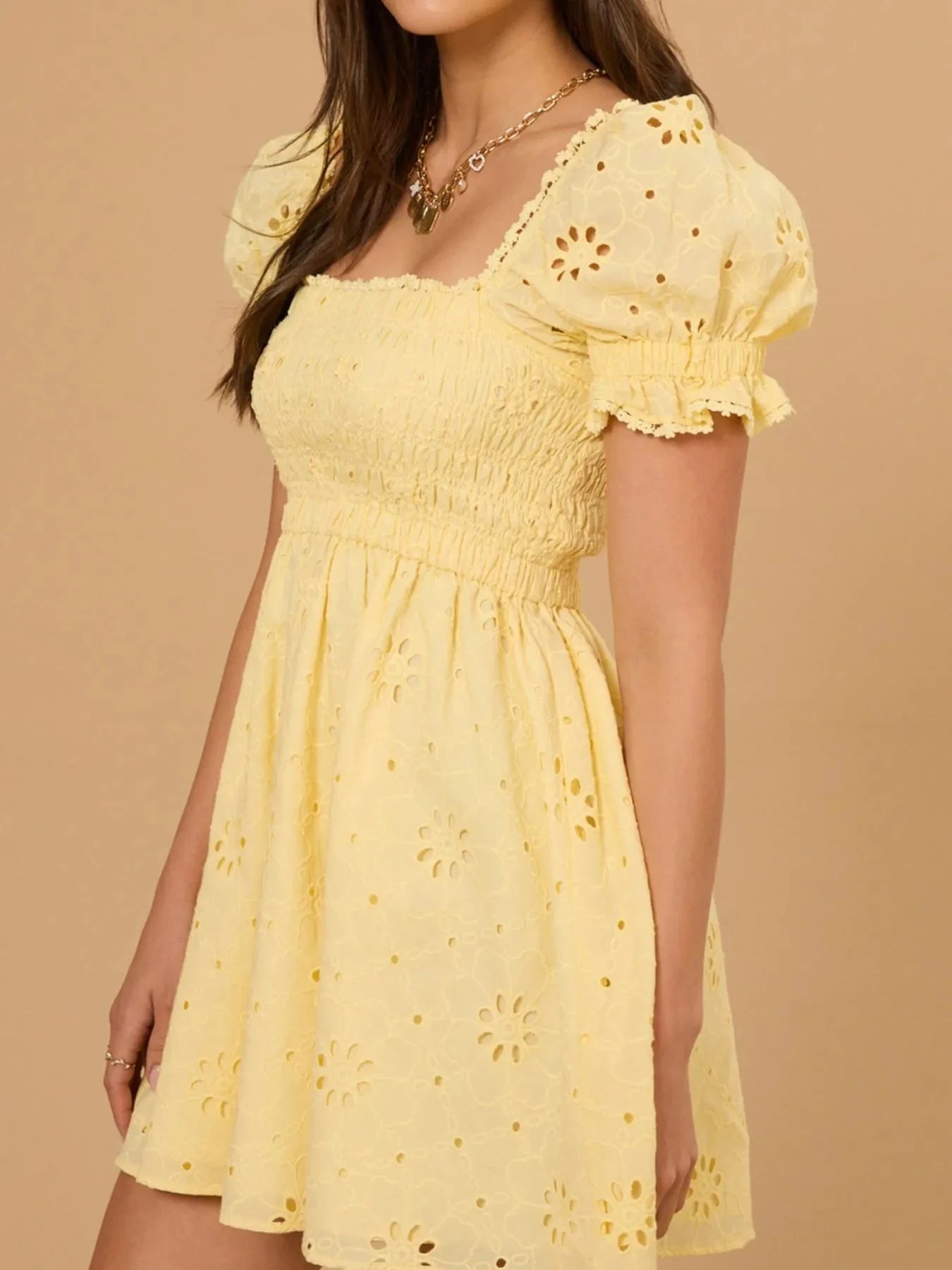Eyelet Puff Sleeve Smocked Mini Dress