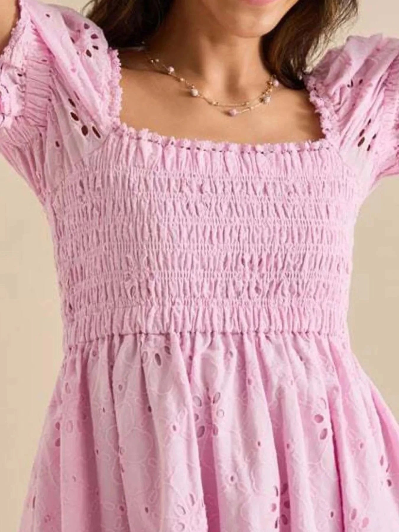 Eyelet Puff Sleeve Smocked Mini Dress