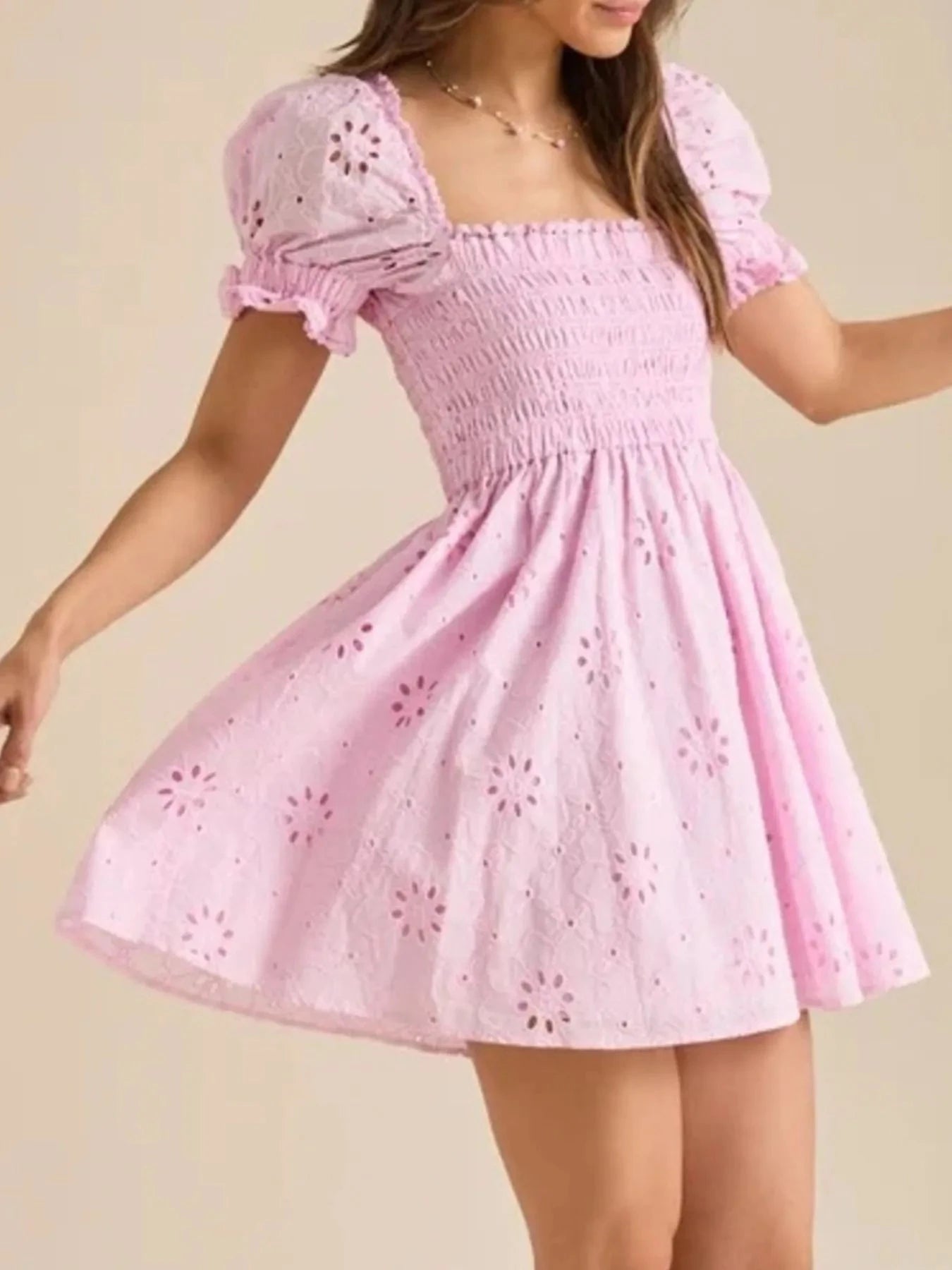 Eyelet Puff Sleeve Smocked Mini Dress