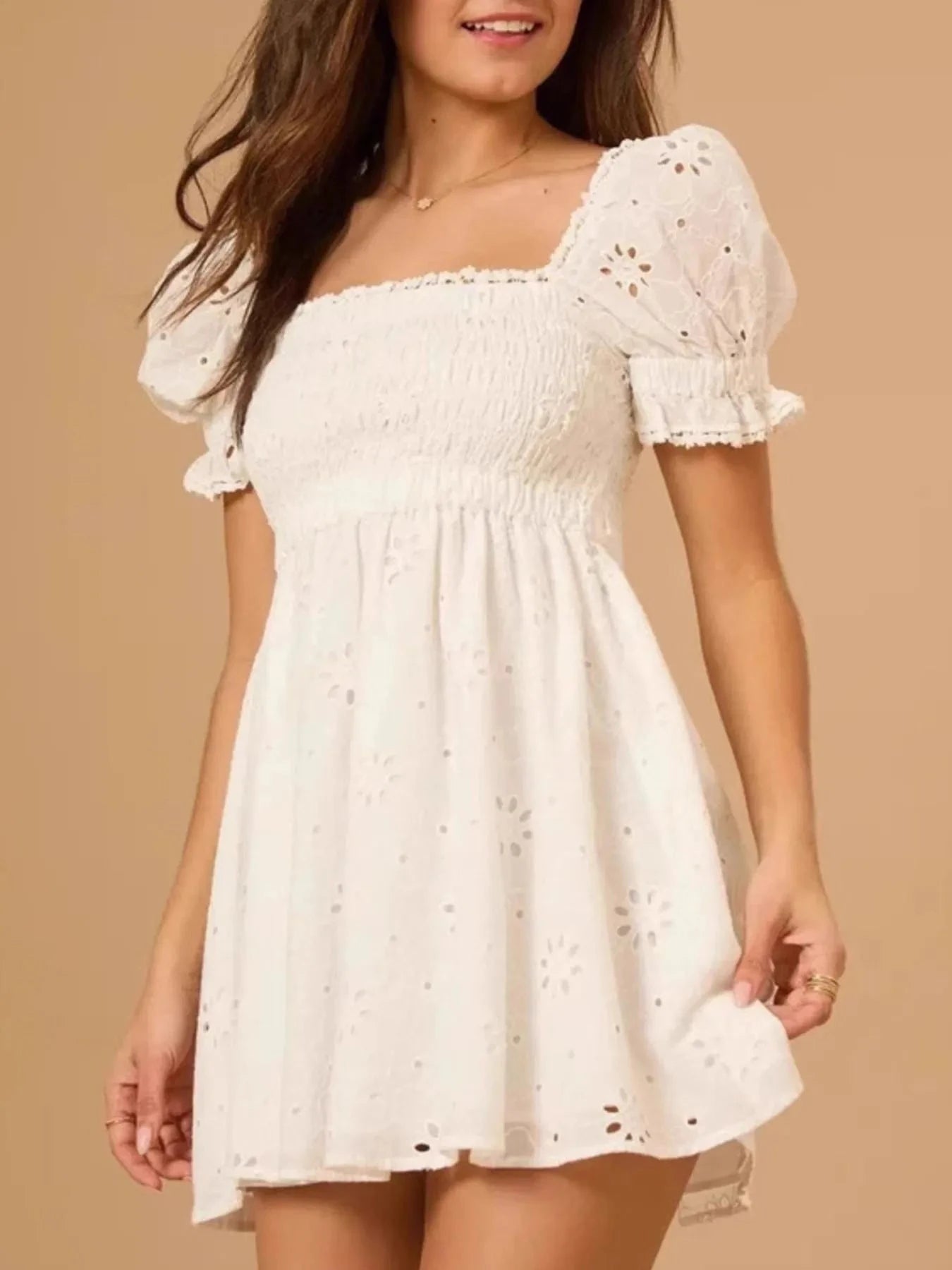 Eyelet Puff Sleeve Smocked Mini Dress White / S