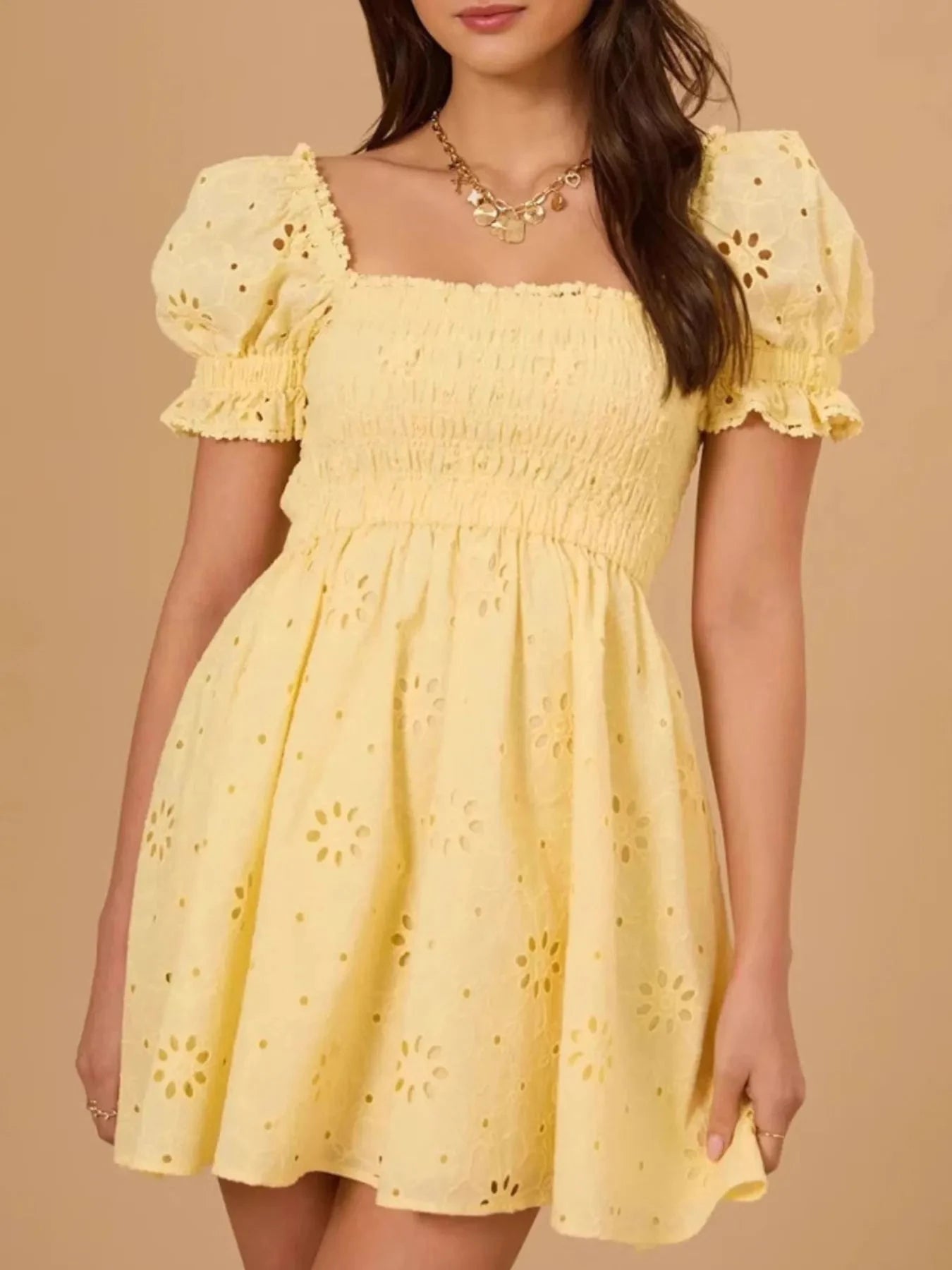 Eyelet Puff Sleeve Smocked Mini Dress Yellow / S