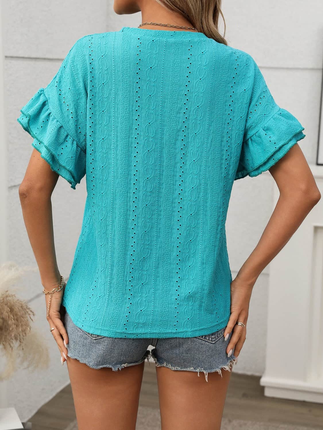 Eyelet Round Neck Flounce Sleeve Top