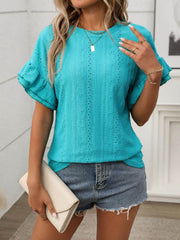 Eyelet Round Neck Flounce Sleeve Top