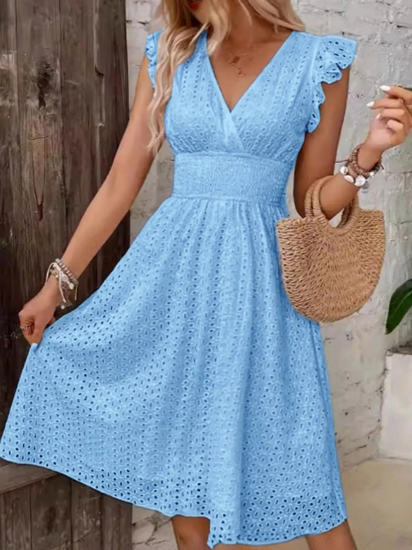 Eyelet Ruffled Cap Sleeve Mini Dress