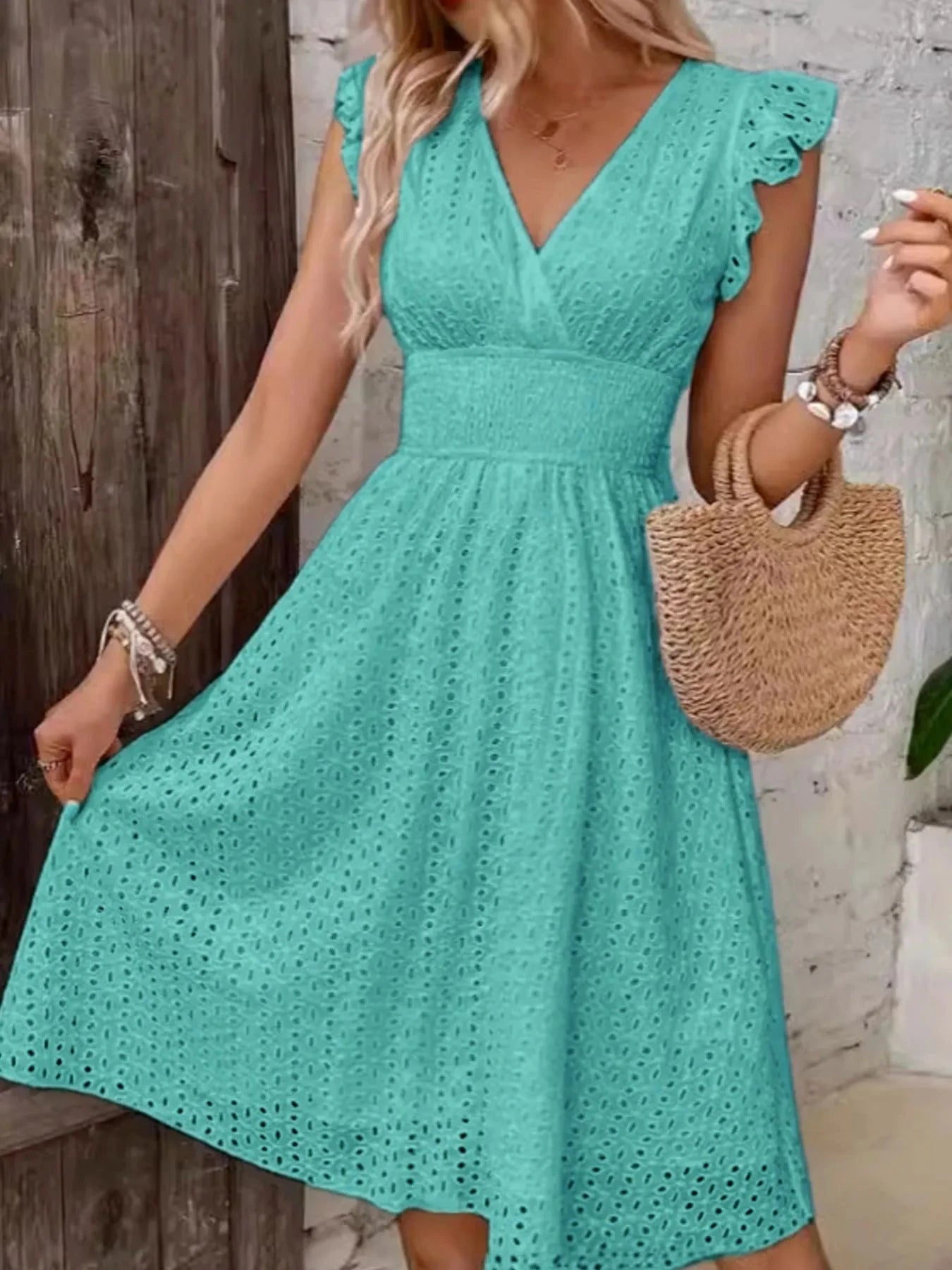 Eyelet Ruffled Cap Sleeve Mini Dress