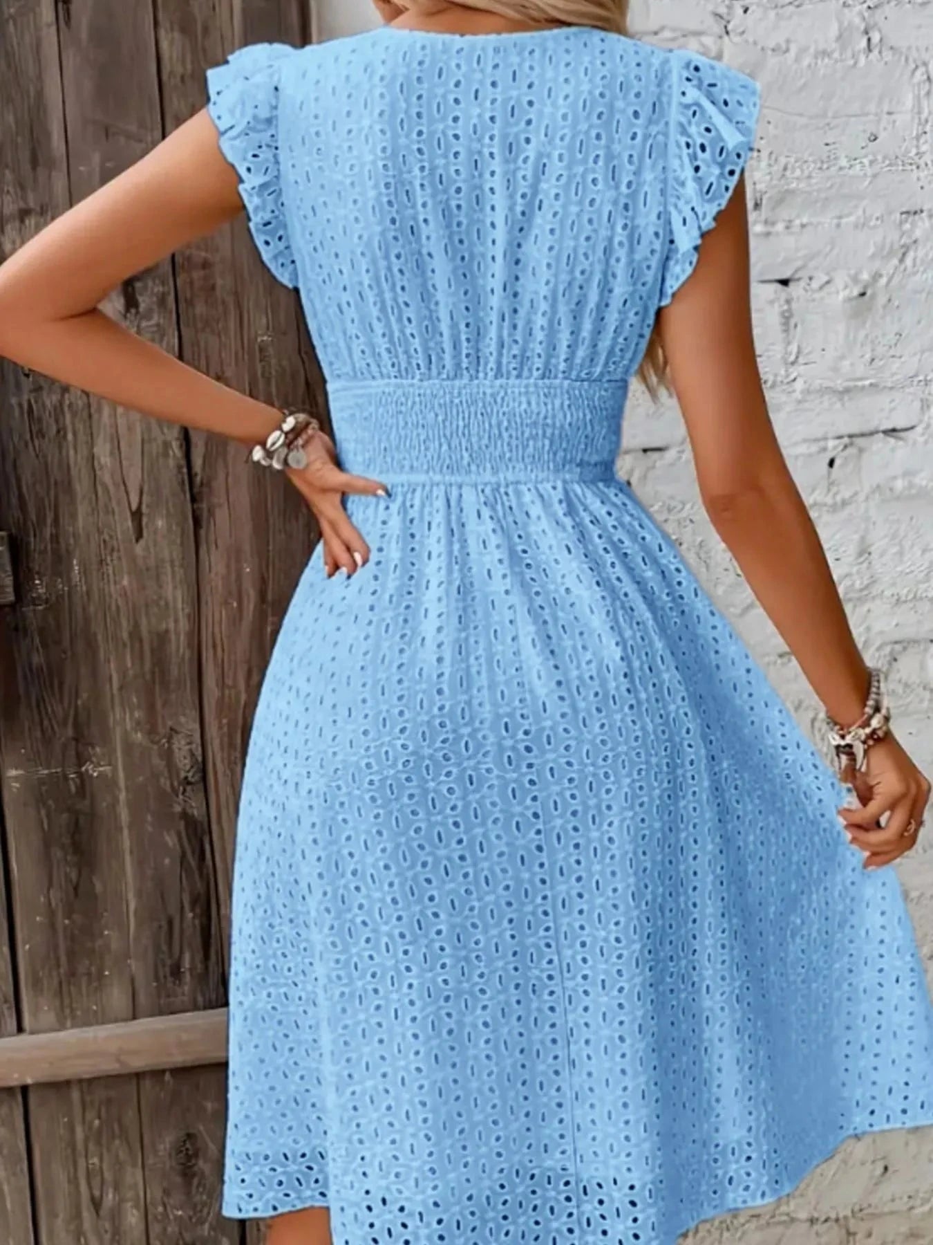 Eyelet Ruffled Cap Sleeve Mini Dress