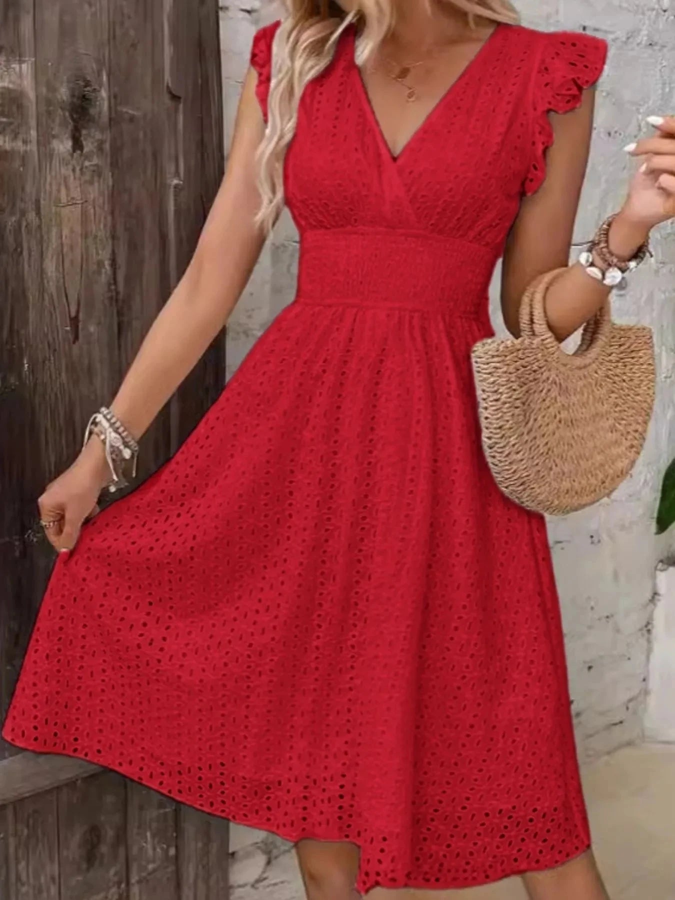 Eyelet Ruffled Cap Sleeve Mini Dress