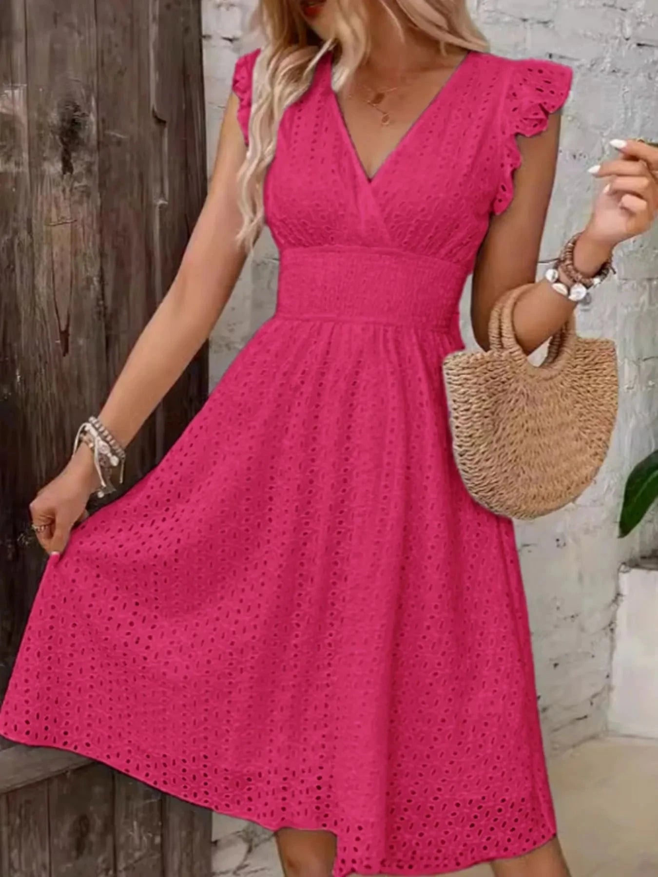 Eyelet Ruffled Cap Sleeve Mini Dress