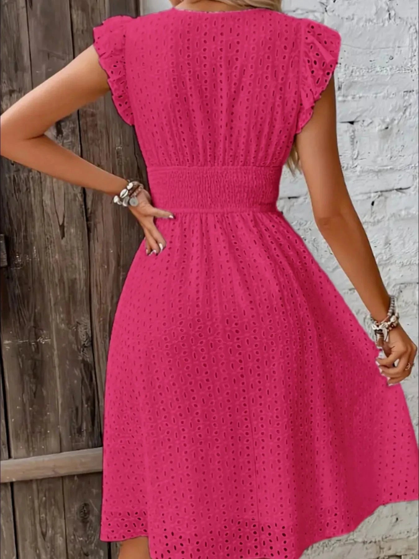 Eyelet Ruffled Cap Sleeve Mini Dress