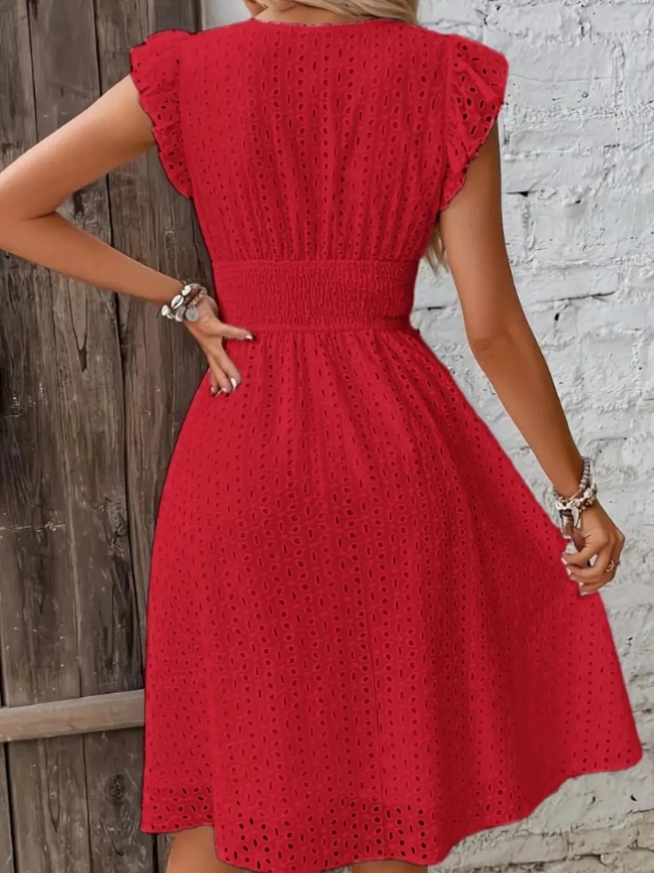 Eyelet Ruffled Cap Sleeve Mini Dress