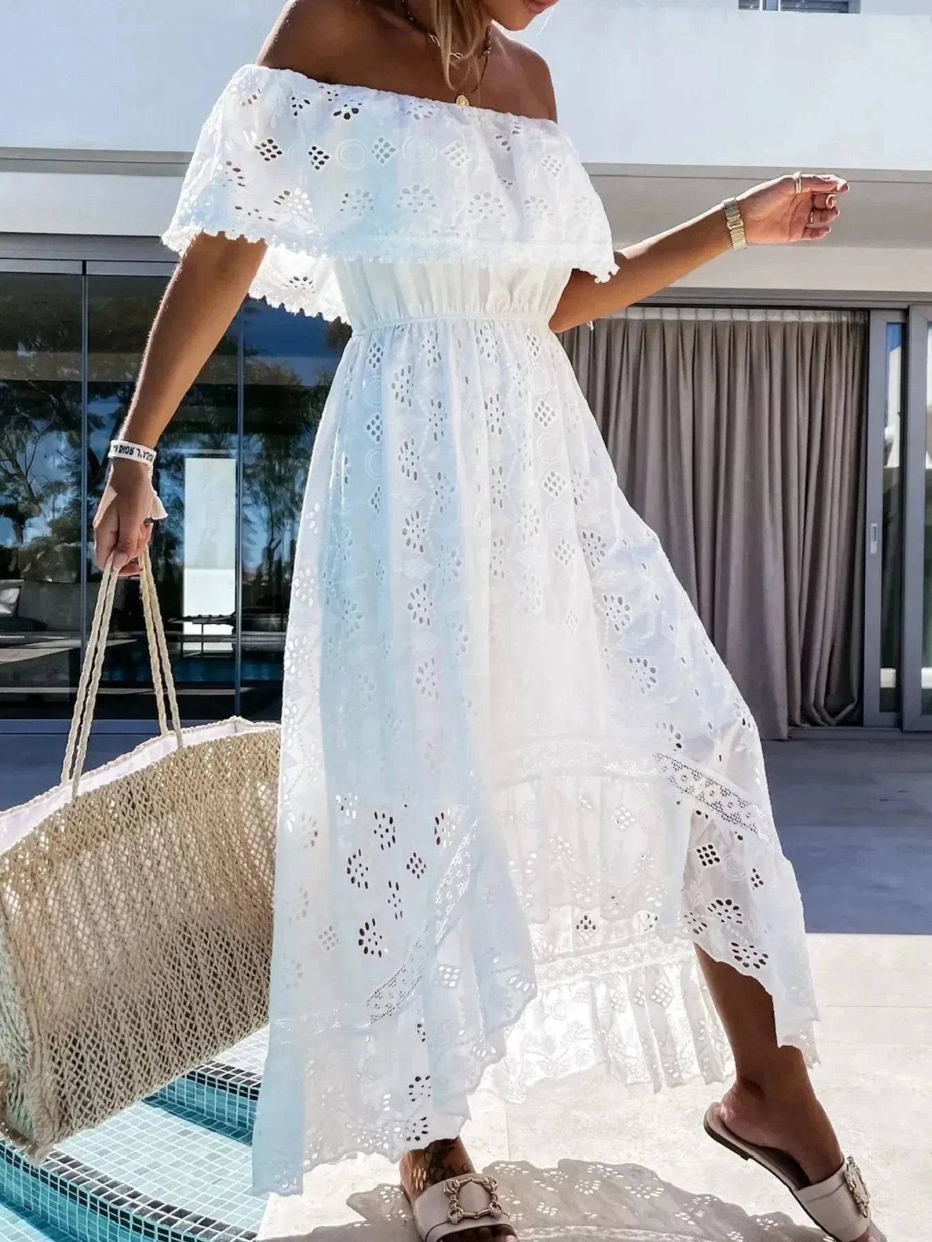 Eyelet Ruffled Hem Off-Shoulder Dress
