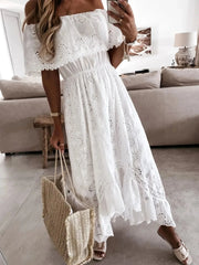 Eyelet Ruffled Hem Off-Shoulder Dress