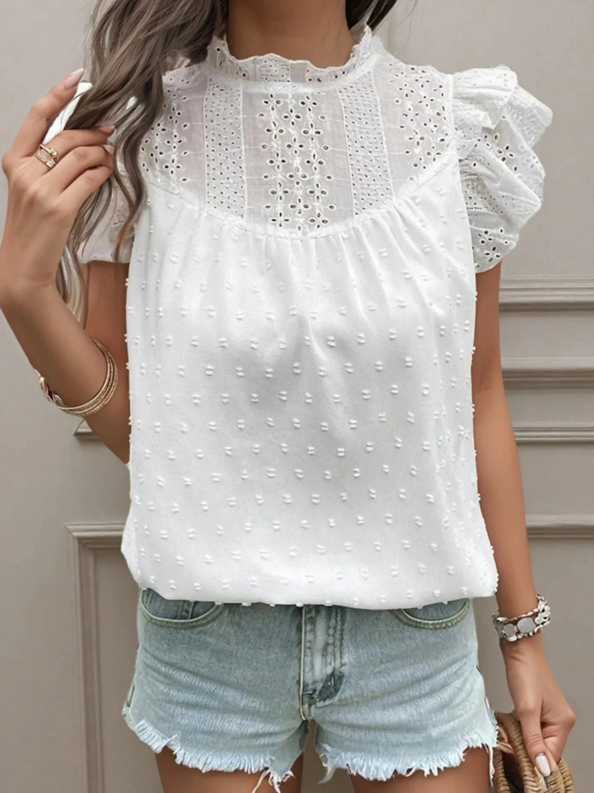 Eyelet Swiss Dot Cap Sleeve Blouse White / S