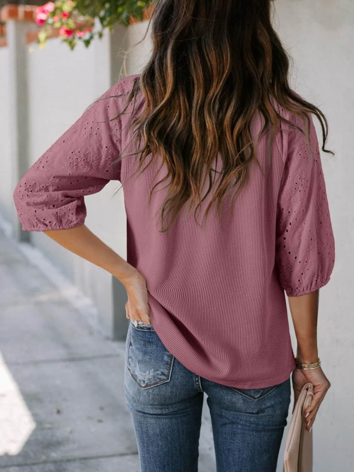 Eyelet Tie Neck Three-Quarter Sleeve Blouse