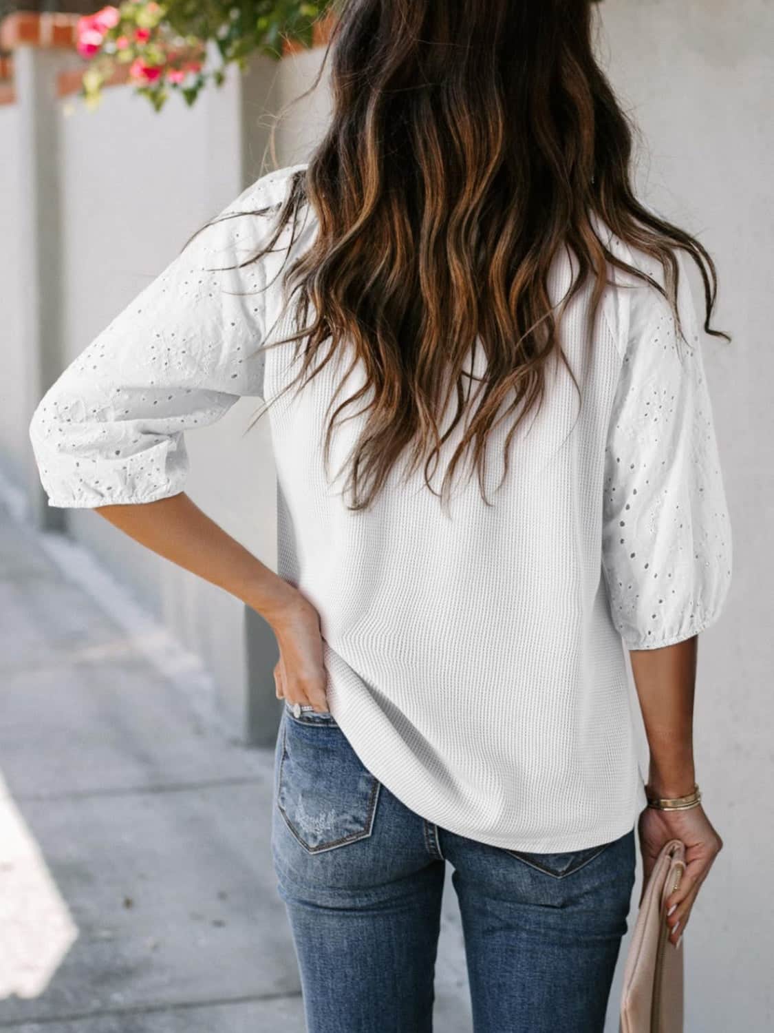 Eyelet Tie Neck Three-Quarter Sleeve Blouse