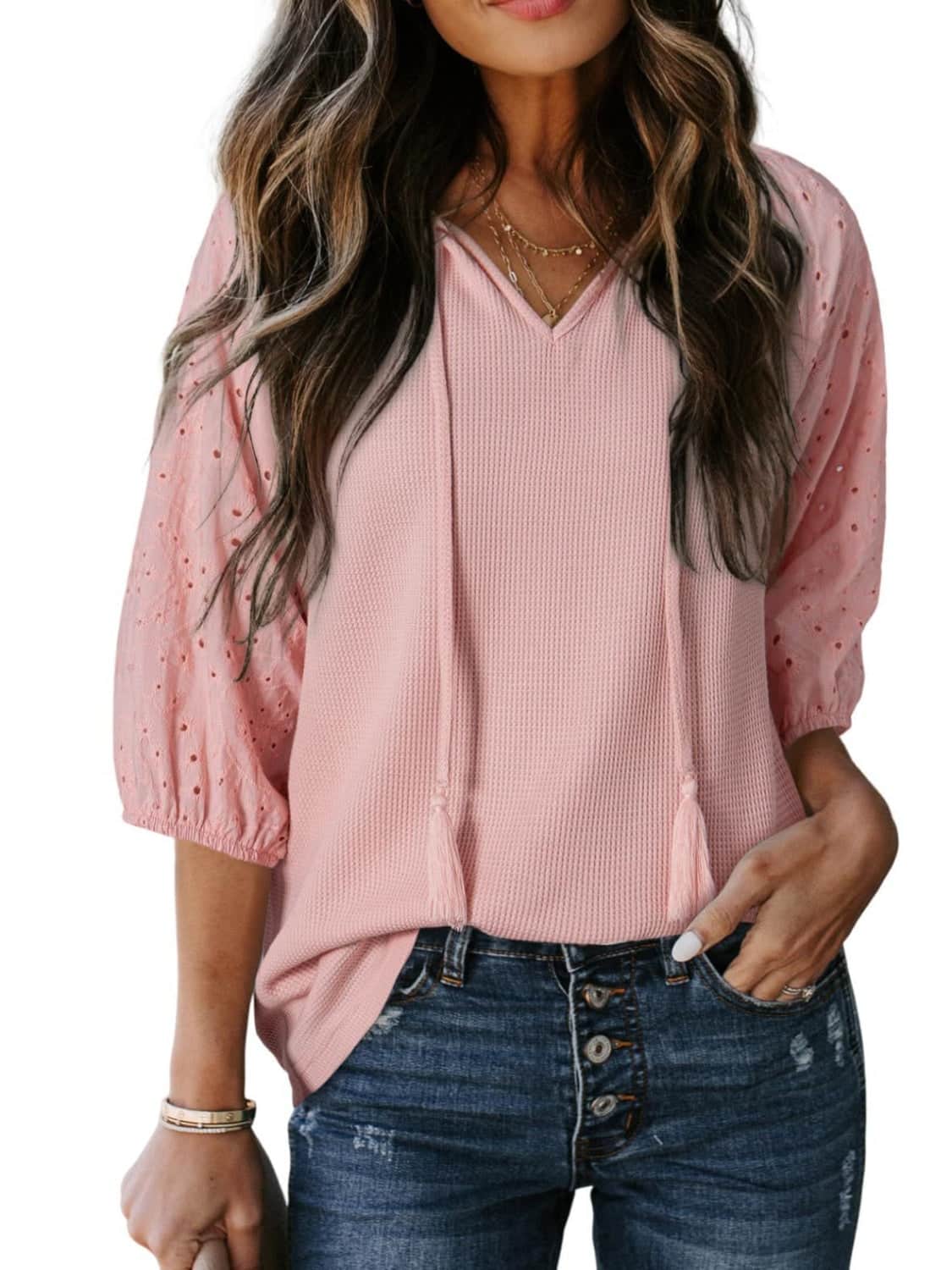 Eyelet Tie Neck Three-Quarter Sleeve Blouse Blush Pink / XL