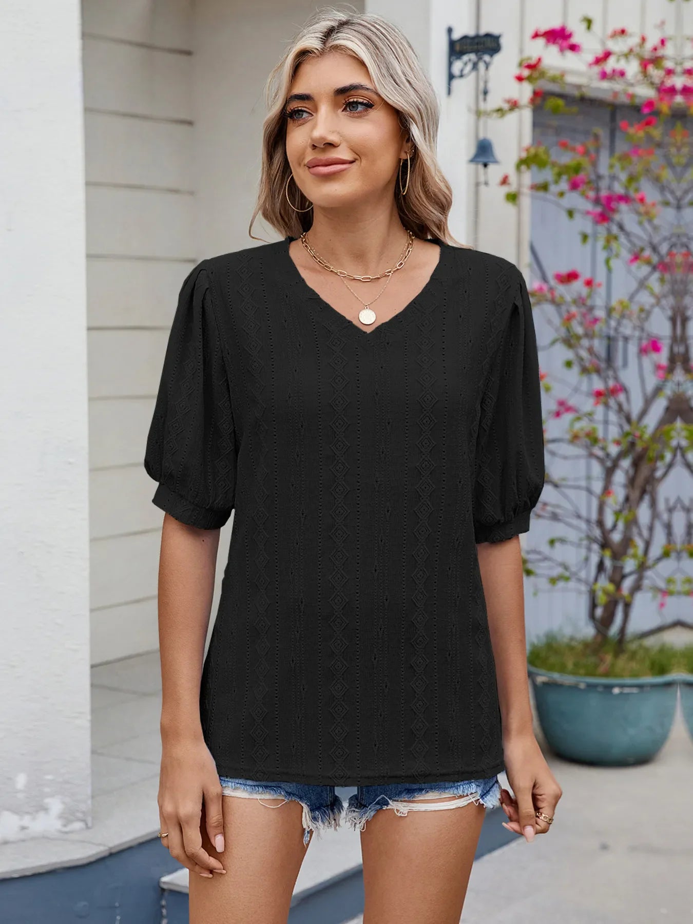 Eyelet V-Neck Puff Sleeve Casual Top