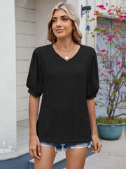 Eyelet V-Neck Puff Sleeve Casual Top