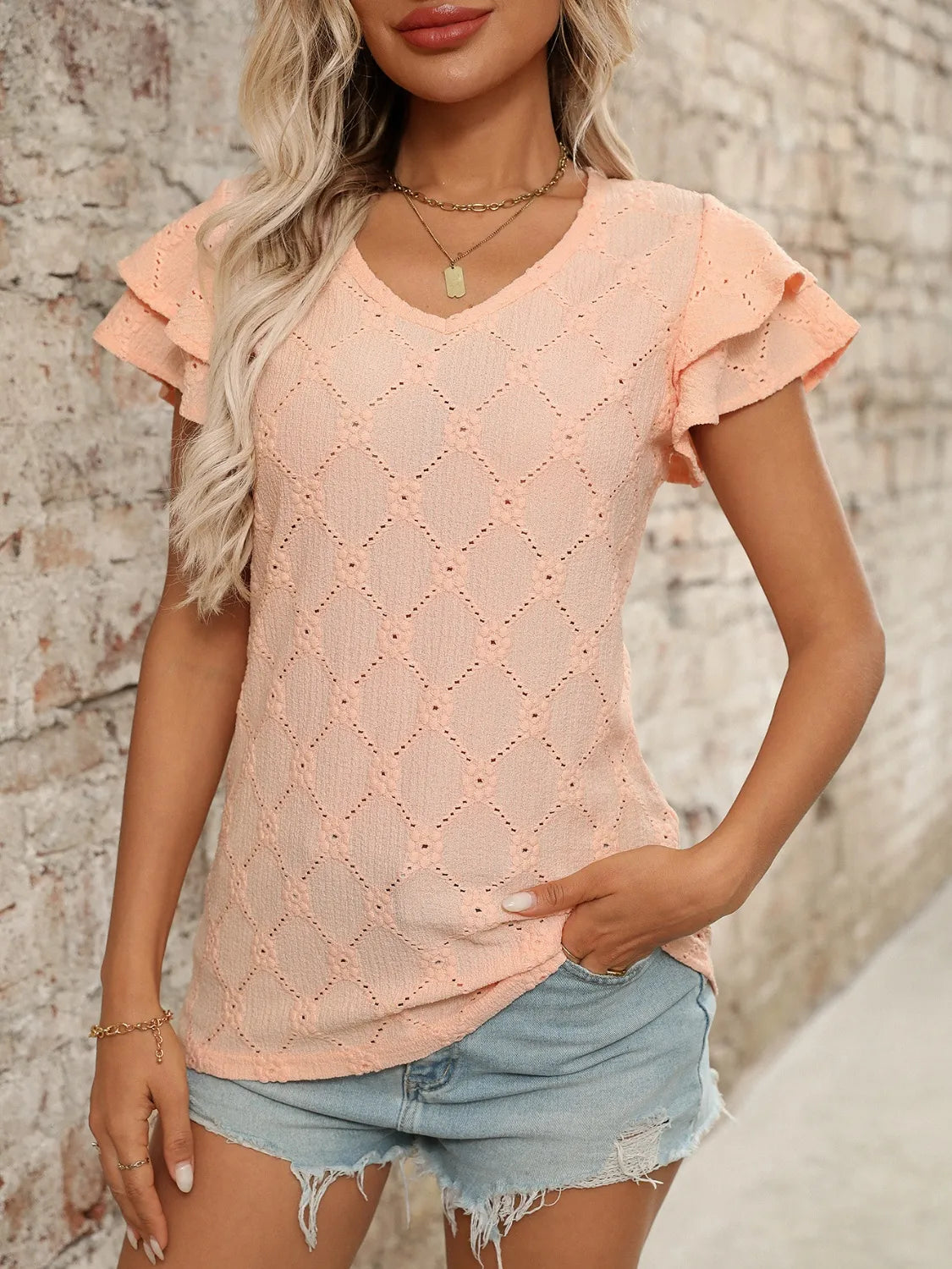 Eyelet V-Neck Ruffled Cap Sleeve Top