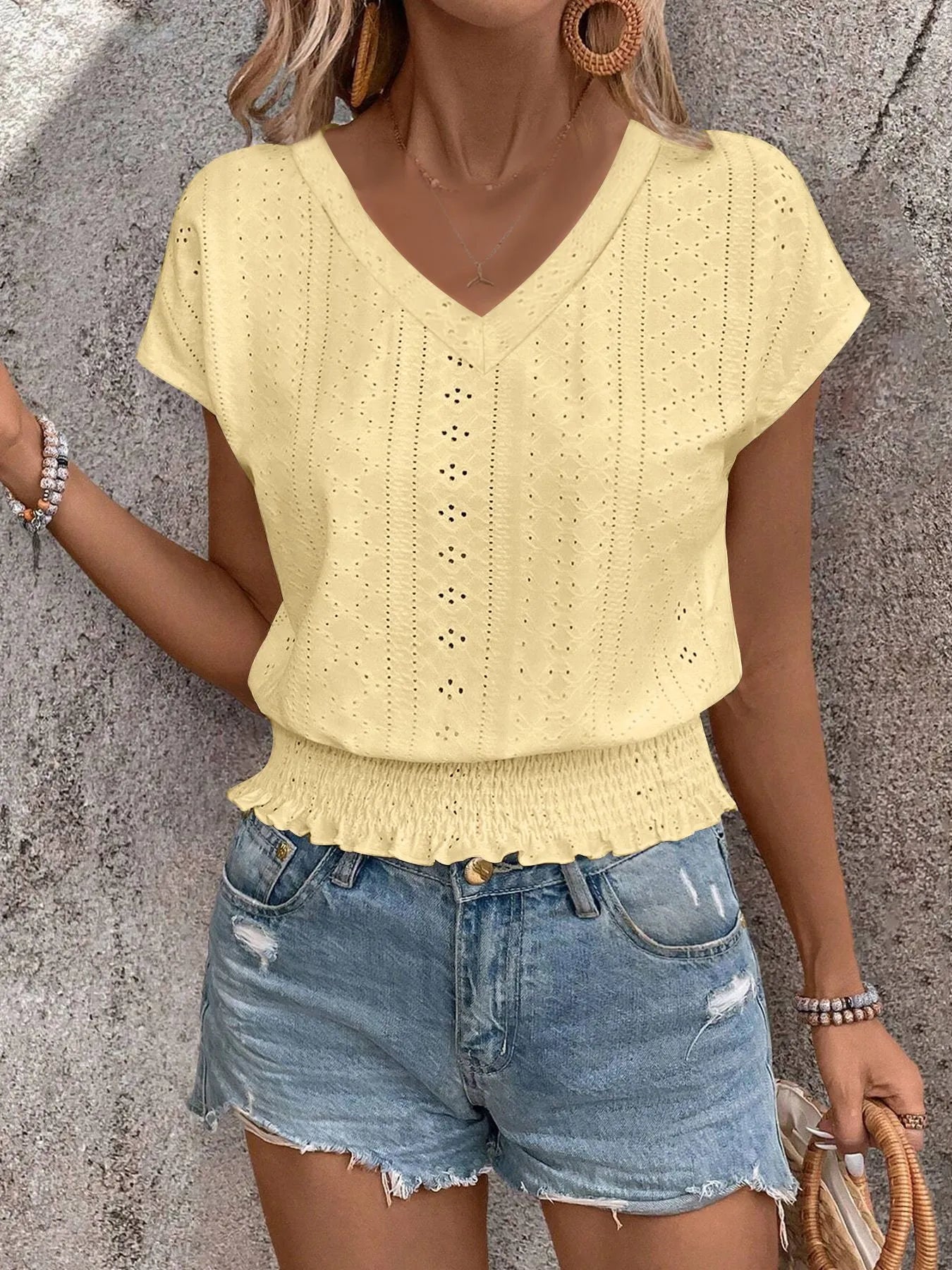 Eyelet V-Neck Short Sleeve Blouse