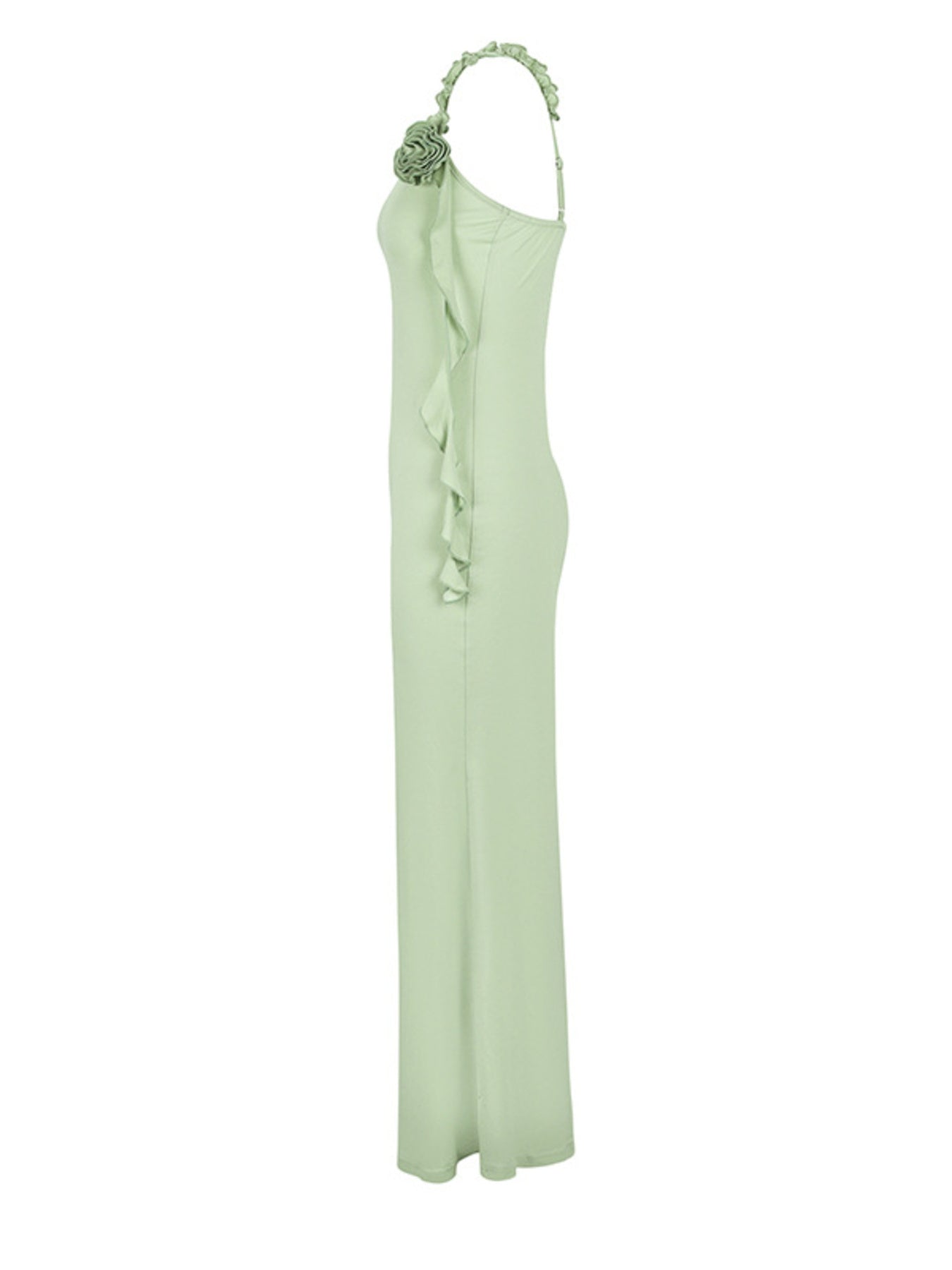 Flat side view of a light green floral bodycon mermaid maxi dress on a white background