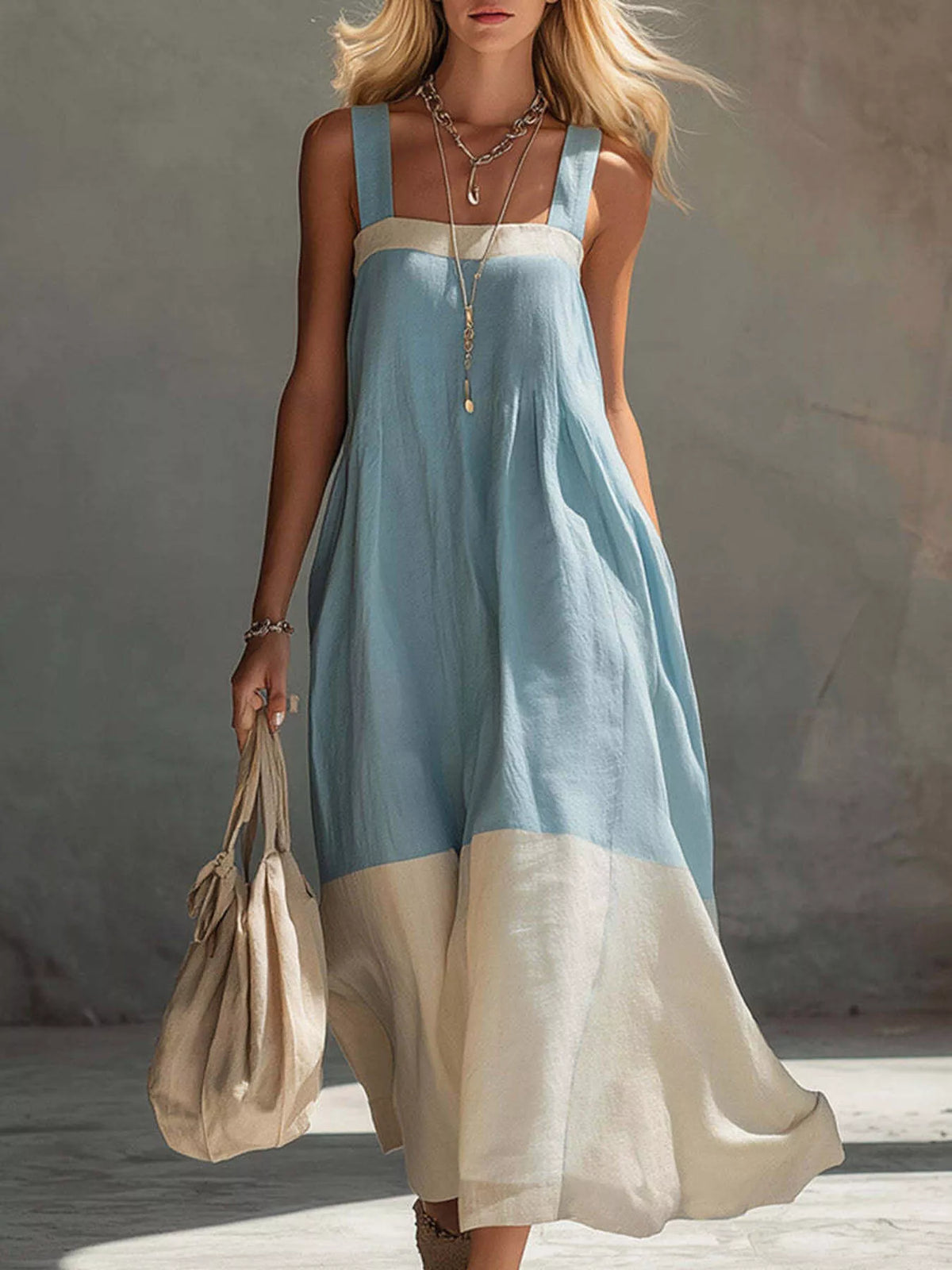 Front full length view on model of light blue color block sleeveless linen blend midi dress
