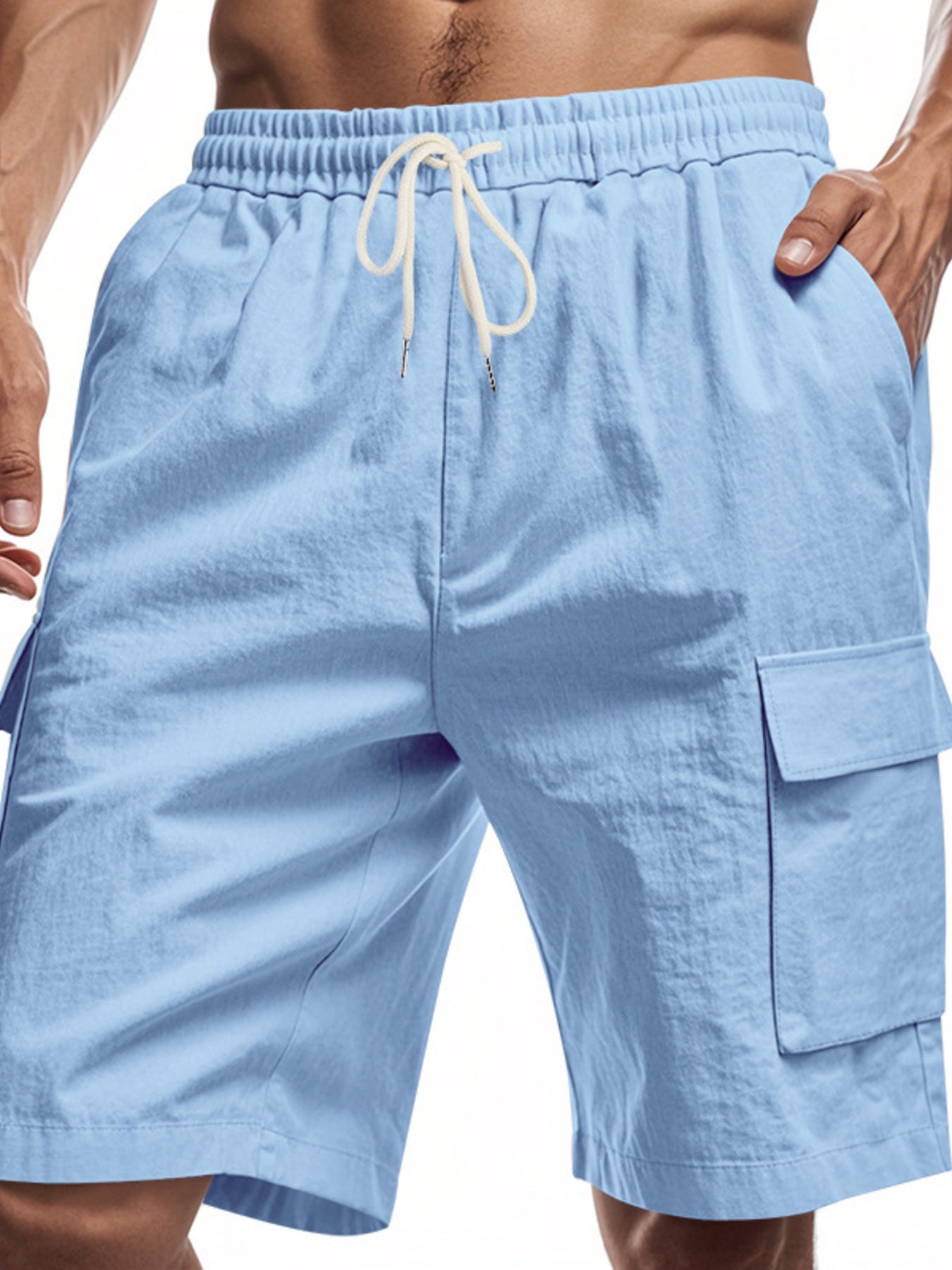 Men's light blue lightweight cargo shorts with a drawstring waist and pockets.
