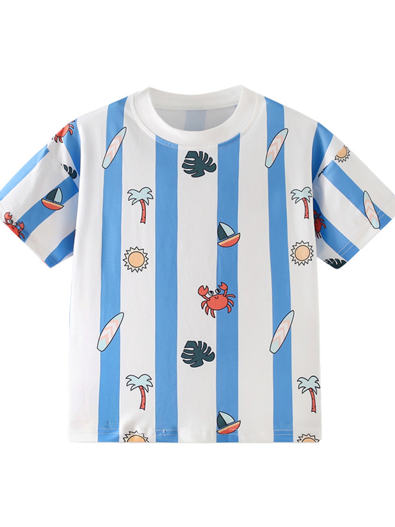 Flat front view of a white and blue striped children's tee with small beach cartoon prints