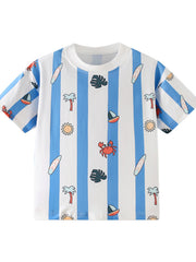 Flat front view of a white and blue striped children's tee with small beach cartoon prints