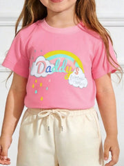 Children's pink short-sleeve T-shirt featuring a rainbow graphic design.