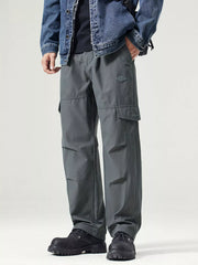 Men's dark gray wide-leg cargo pants with a drawstring waist and pockets.