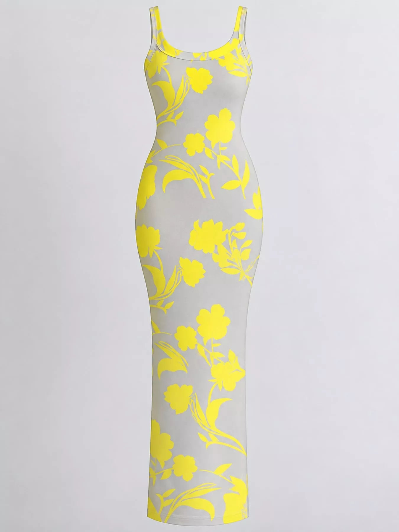 Grey sleeveless bodycon maxi dress with bold yellow floral print displayed flat