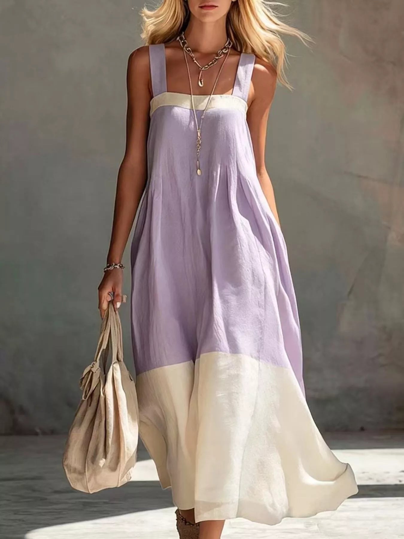 Front full length view on model of light purple color block sleeveless linen blend midi dress