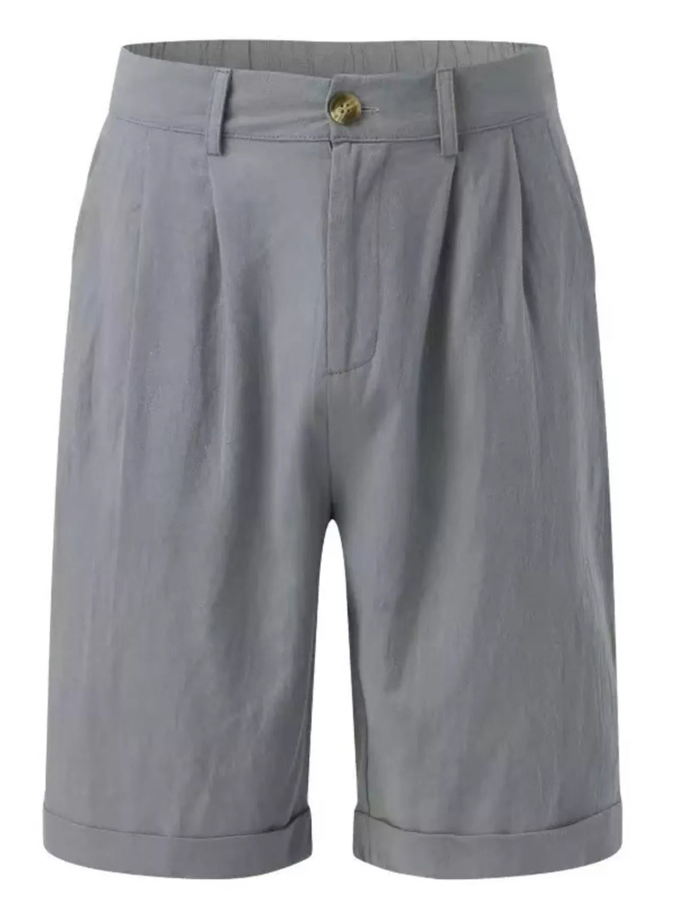 Men's grey classic pleated shorts with pockets, available in plus sizes.