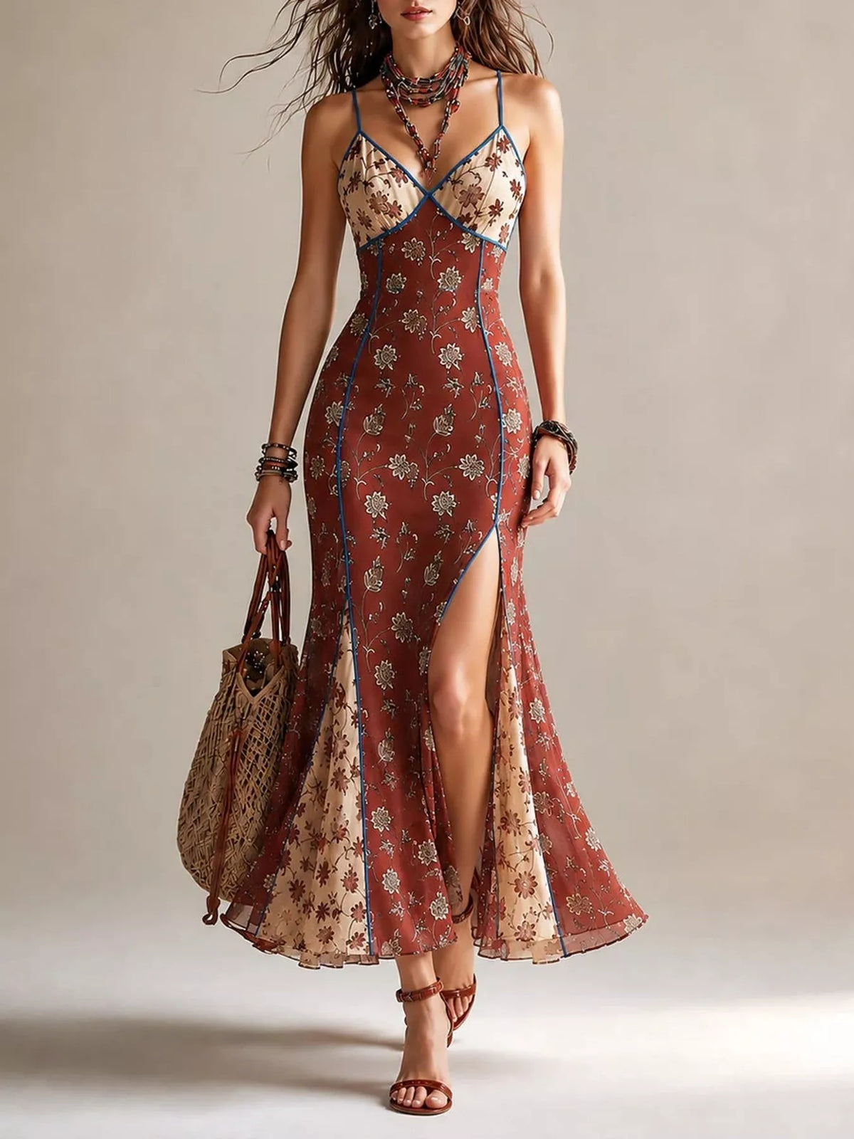 Front view of rust floral spaghetti strap maxi dress with high slit and contrasting bodice