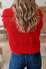On-model back view of the red openwork knit top with a ribbed hem
