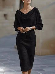 Front view of a black cowl neck knit bodycon dress with wide batwing sleeves