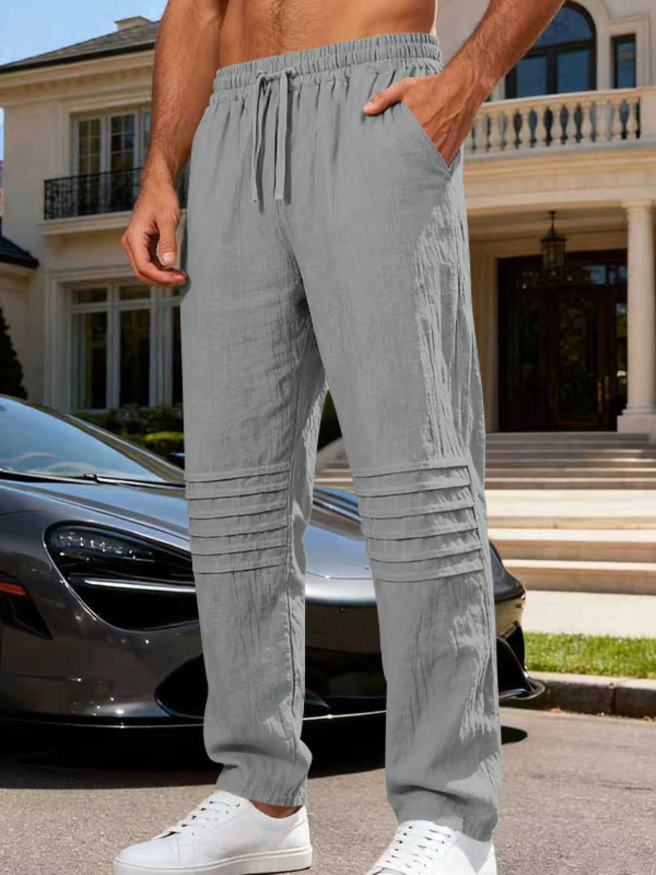 Men's casual drawstring pants with pockets.